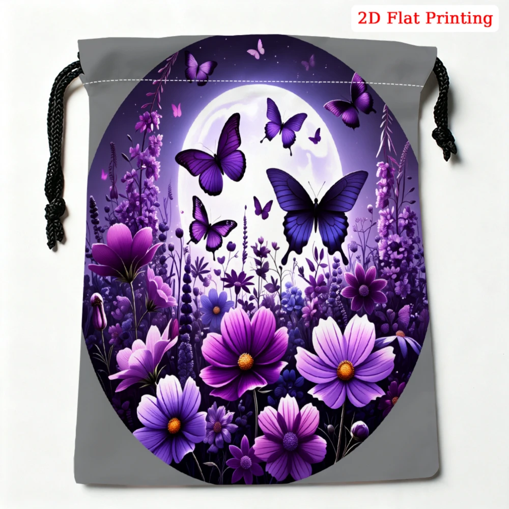 1Pc Purple Butterfly Flower Print Drawstring Bag Storage Small Pouch For Travel Gym Sports Accessories Organizer Gift