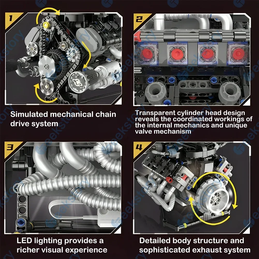 715PCS K96206 Simulation V8 Engine Model Building Blocks Set Support APP Control With LED Light Motor STEM Educational Toy Gift