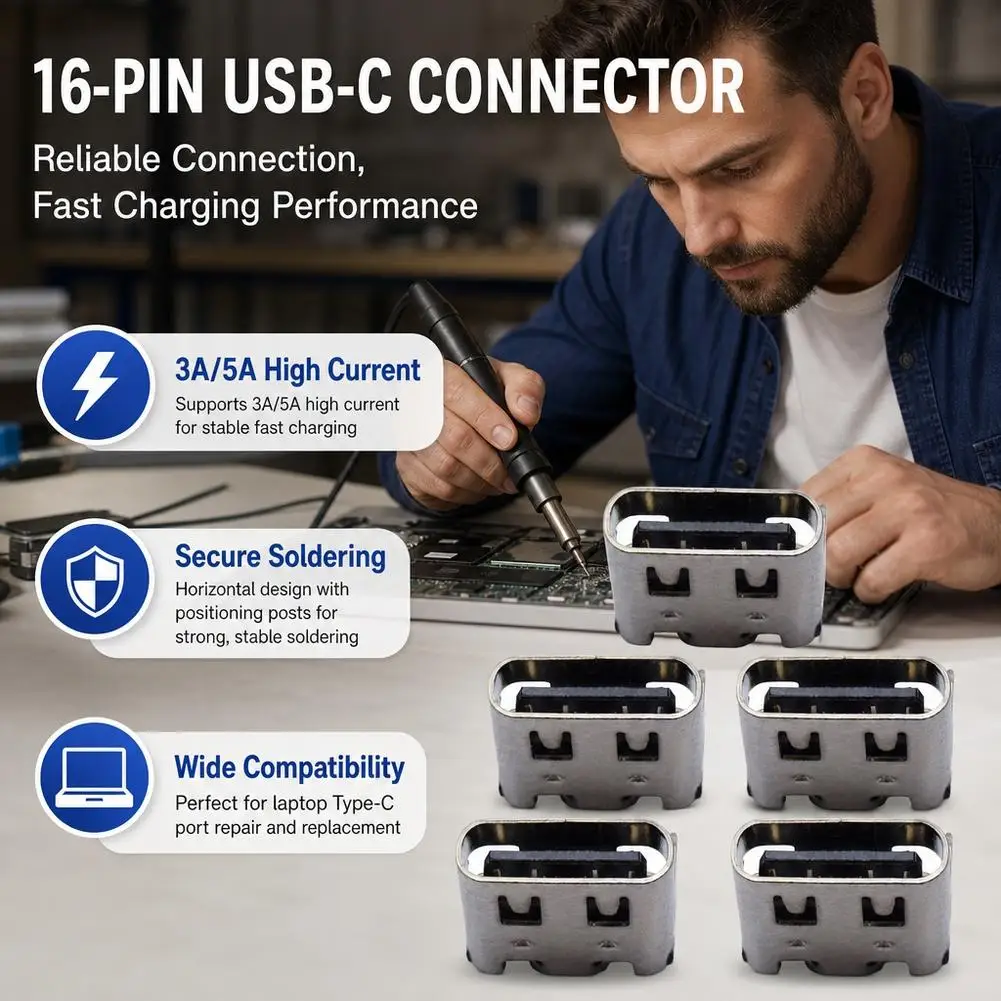 5Pcs USB-C 16-Pin SMT Connector Copper Alloy Female Receptacle for PCB Mounting
