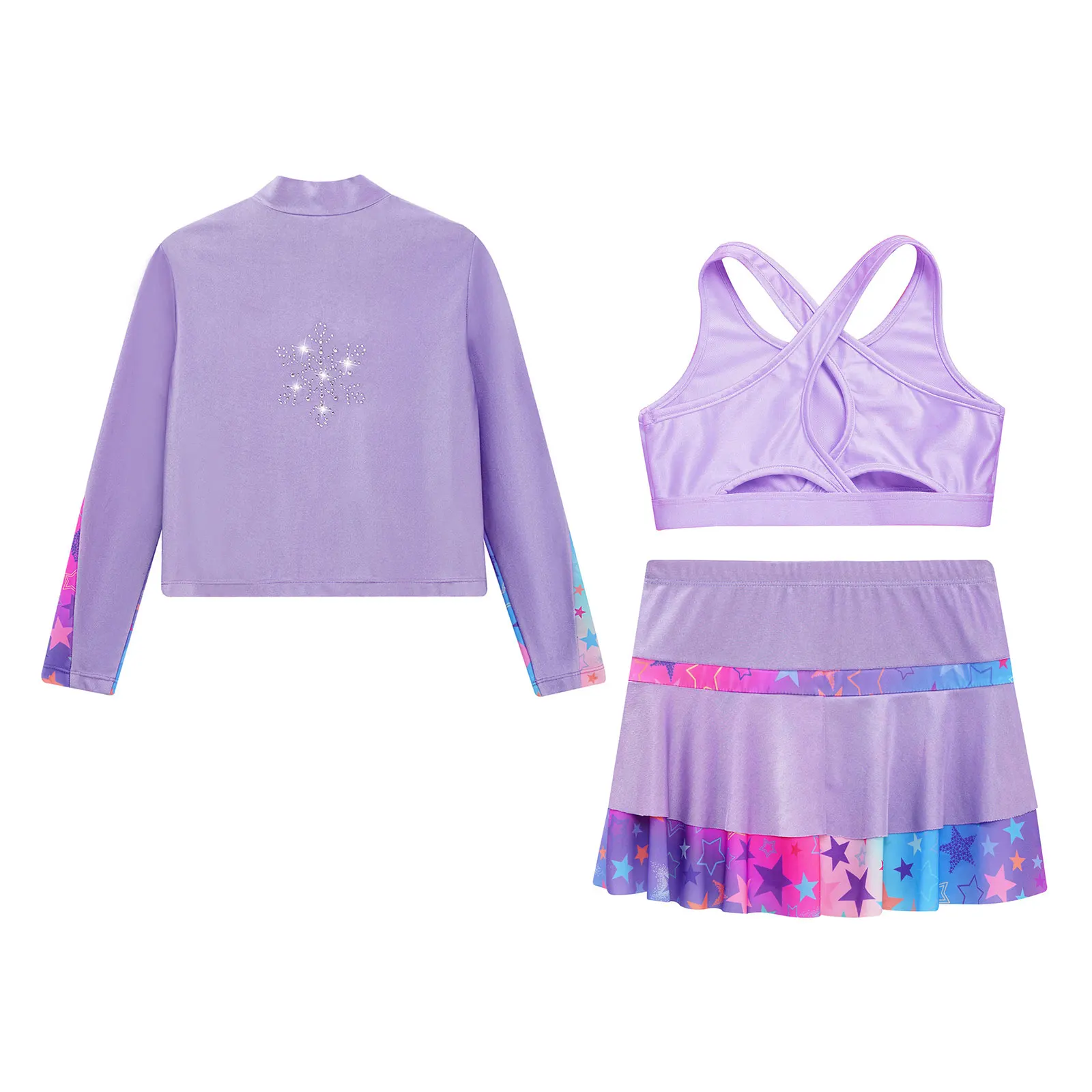 Kids Girls Shiny Rhinestones Figure Ice Skating Jacket Tank Tops Skater Mini Skirt Skort with Shorts Set Workout Outfits