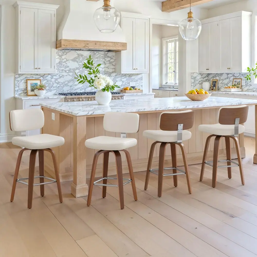 

Swivel Counter Height Bar Stools Set of 3, 26 holstered Seat Barstools with Back Walnut Wood Legs, MidCentury PU Leather Bar