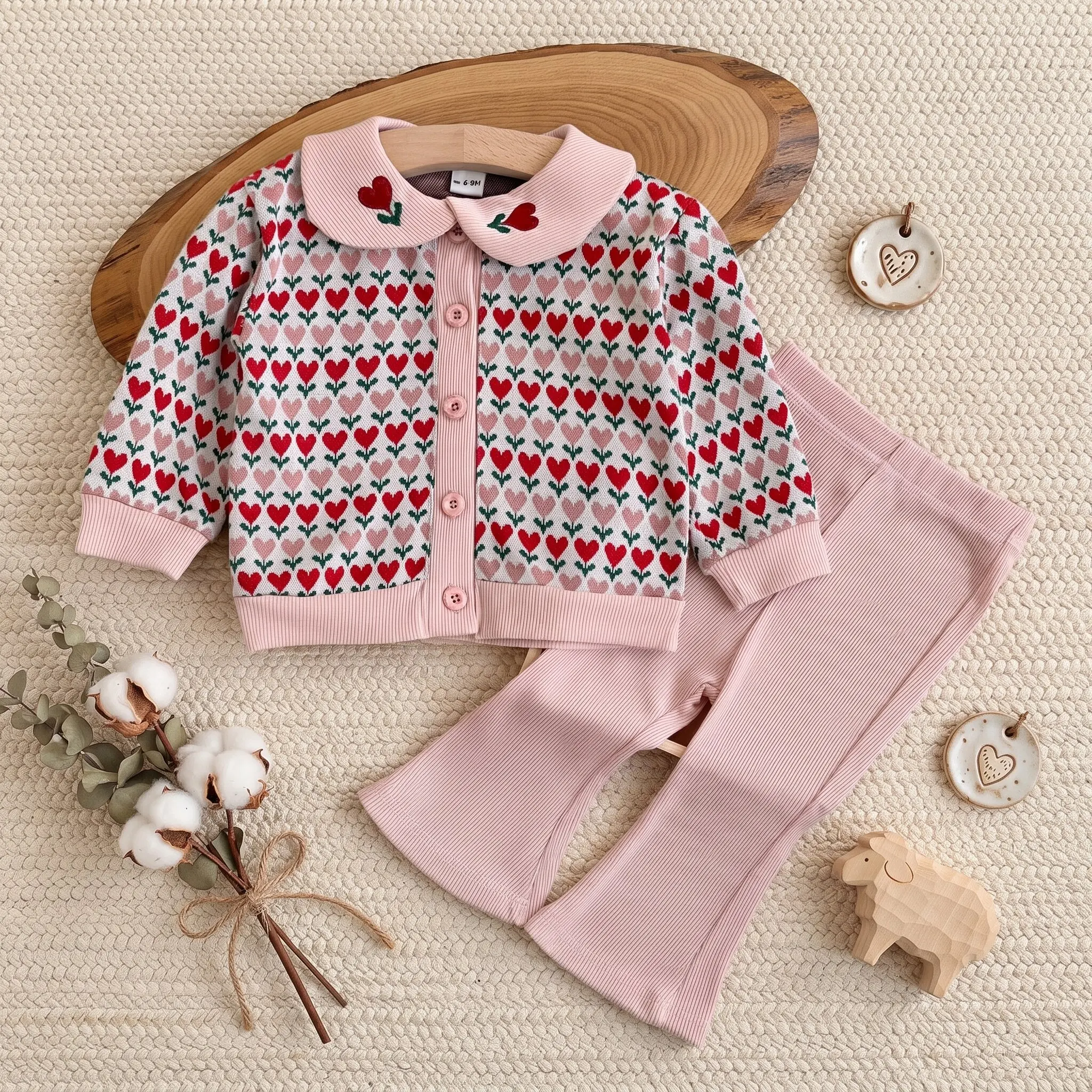 Baby Girl Heart Print Collar Cardigan 2Pcs Set Embroidered Cherry Top Pink Ribbed Flare Pants Toddler Spring Outfit