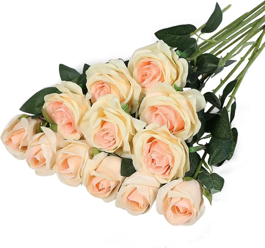 

FLORRALIA 12PCS Artificial Silk Flowers Realistic Roses Bouquet Long Stem for Home Wedding Decoration Party (Champagne 1)