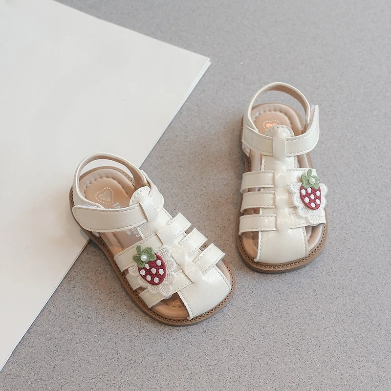 Girls Cute Strawberry Sandals Woven Design Closed Toe Summer Beach Shoes Soft Sole Non-Slip Toddler Footwear Beige Silver