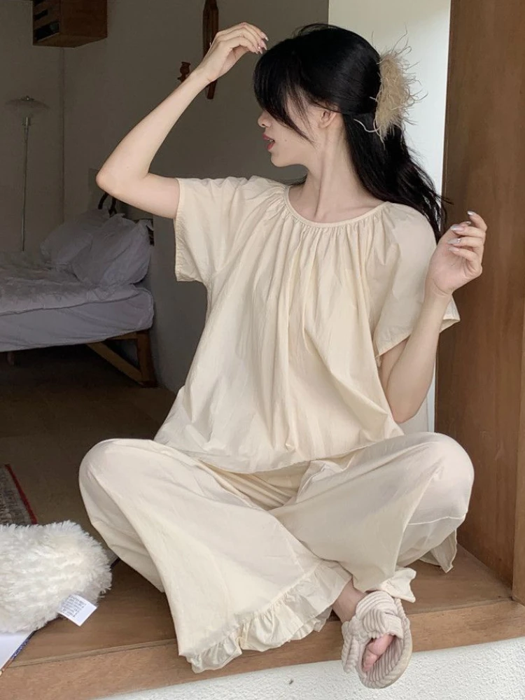 Pajama Sets Women Solid Folds Simple Daily Sweet Summer Ins Creativity Basics Popular Leisure All-match Home Cozy Korean Style