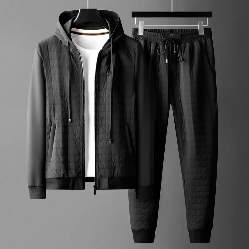 New Black Male Sets (jacket+pants) High Qaulity Autumn Zipper Hooded Mens Jackets Fashion Elastic Wsiat Slim Fit Man Pants 3XL