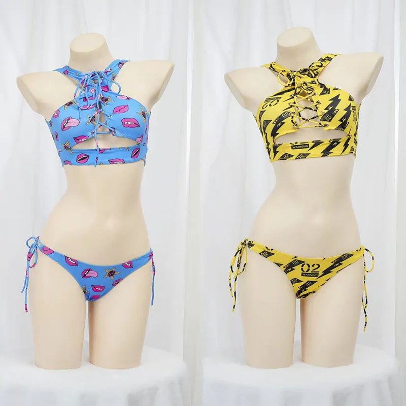 

Anime Beach Girl Red Lip And Yellow Danger Warning Line Uniform Printing Bikini Swimsuit Underwear Women Outfits Cosplay Costume