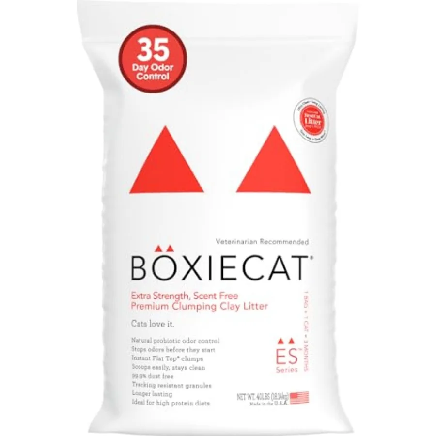 

Boxie Extra Strength 35 Day Odor Control Clumping Clay Cat and Kitty Litter 40lb, 99.9% Dust-Free, Probiotic Formula, Long-Last