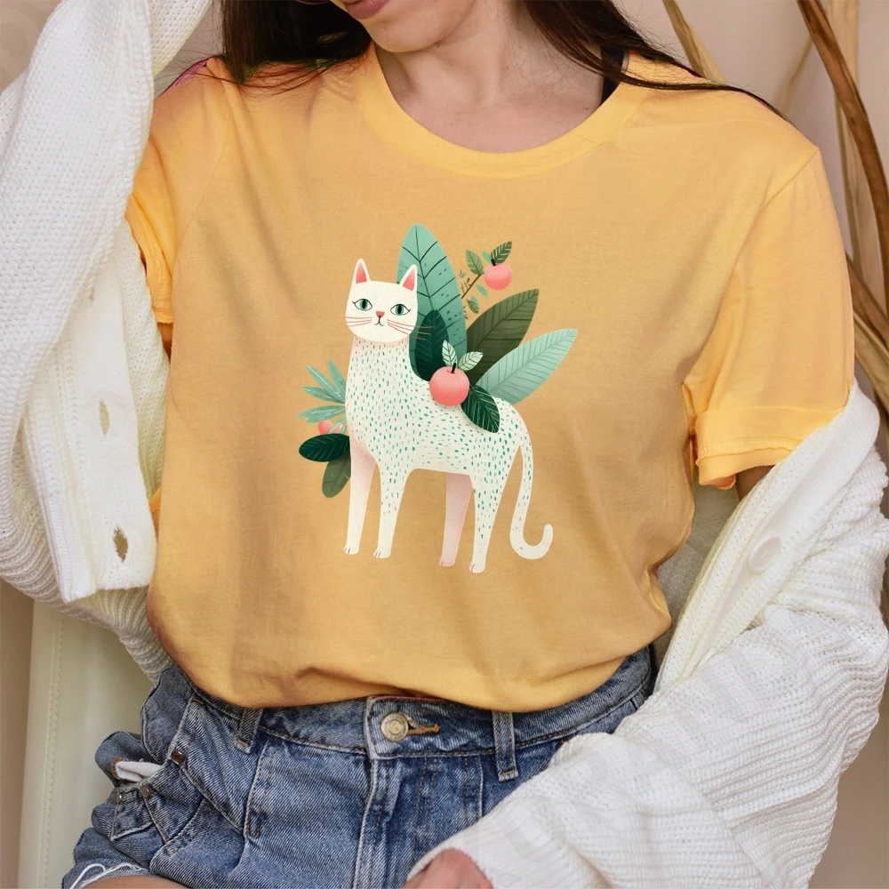 

Y2K Cotton Casual Women‘s T-Shirt Short Sleeve Round Neck Fitted Colorful Cute Cartoon White Cat With Green Eyes Pink Apples