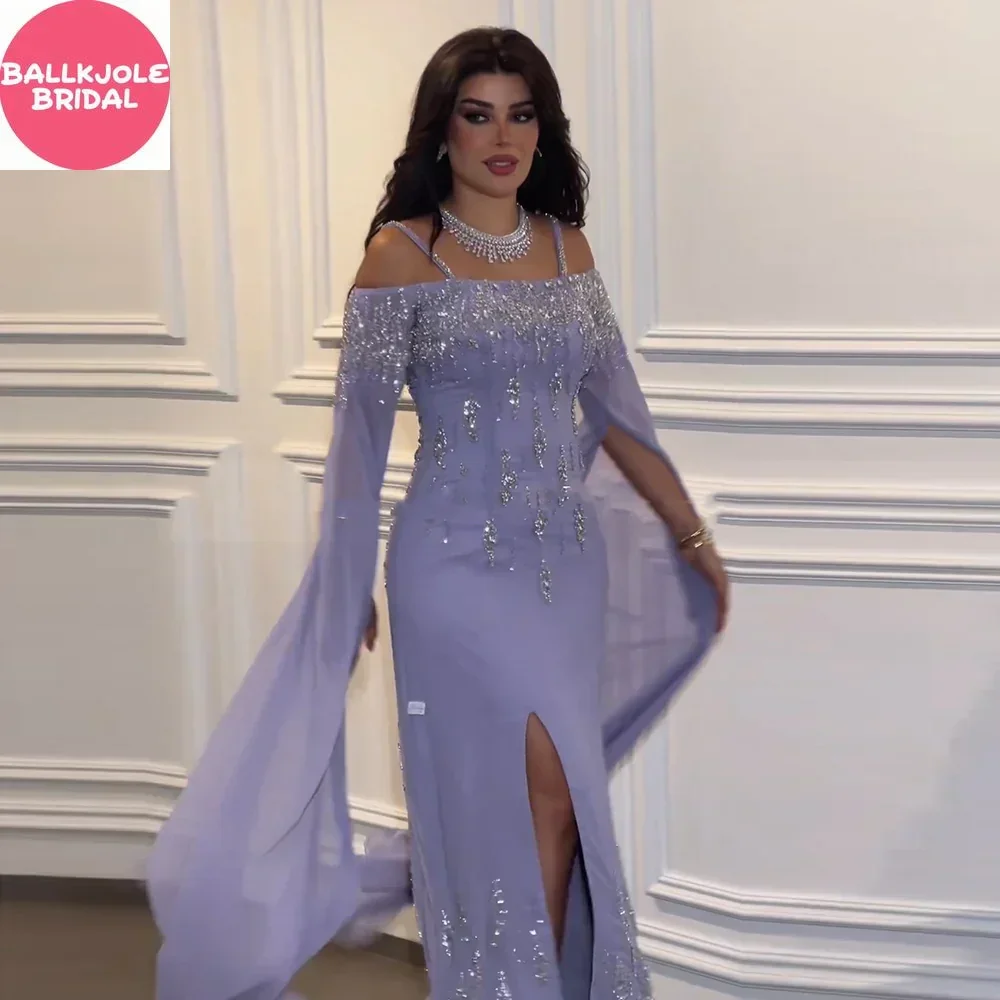 Luxury Lilac Mermaid Slit Evening Dress with Cape Sleeves Dubai Beaded Formal Gown for Wedding Party 2024 Arabic Women's Dress