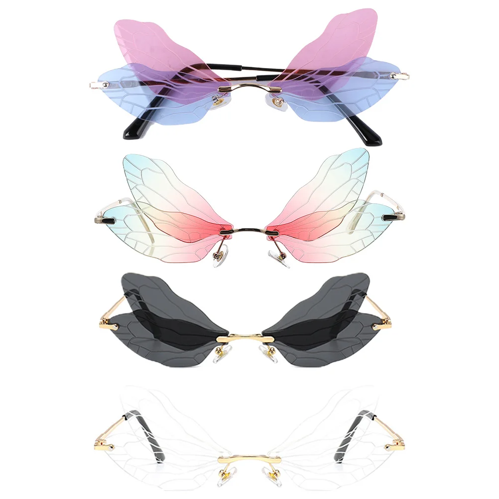 

4Pairs Dragonfly Wing Sunglasses Rimless Irregular Wing Shape Fashion Eyewear Party Beach Travel Outdoor Shades