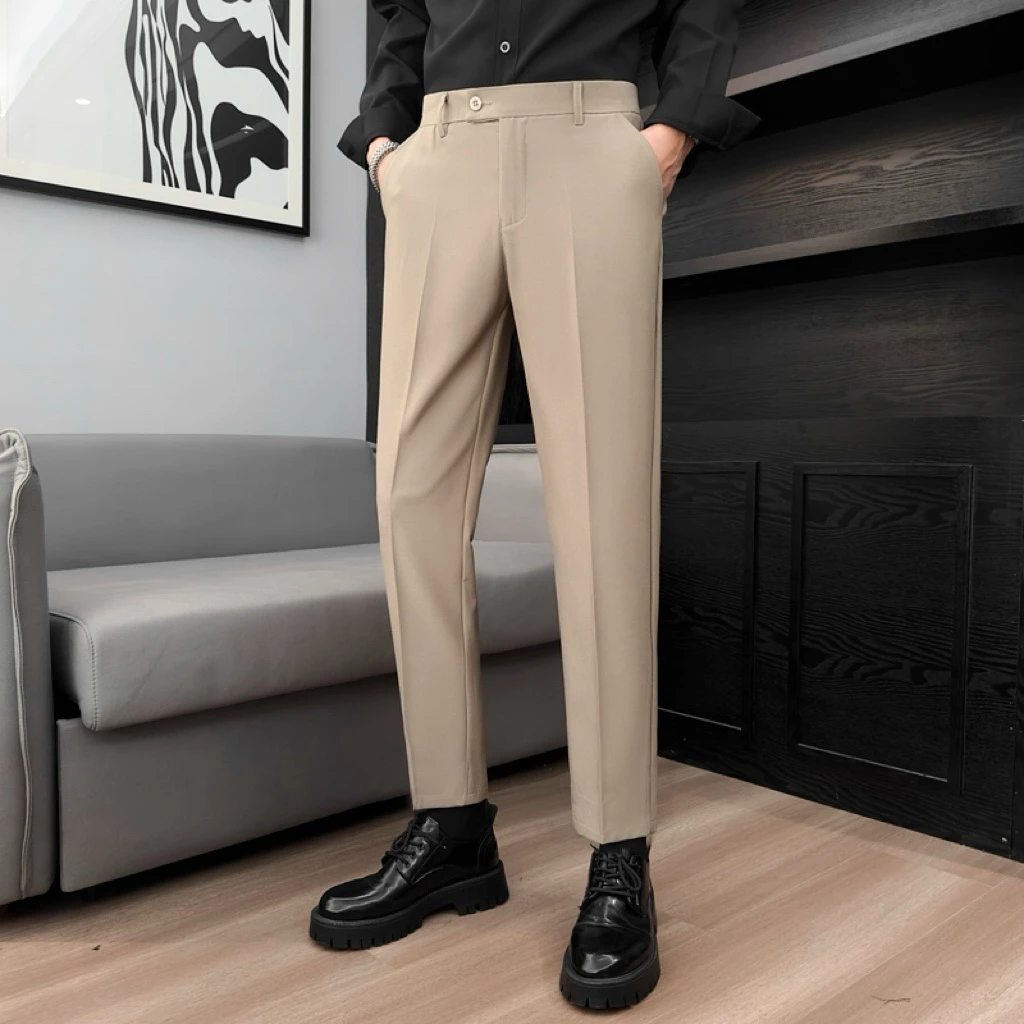 

Brand Summer Casual Suit Pants Men Business Elastic Waist Pants Korean Fashion Brown Khaki Dress Trousers Male Plus Size 27-38
