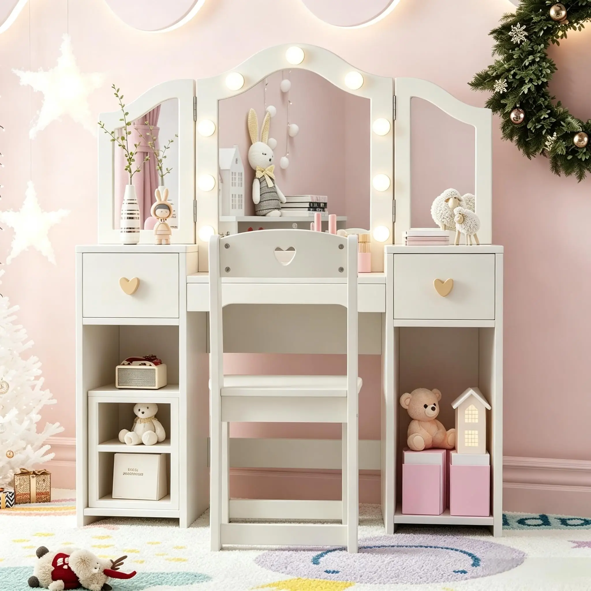 Kids Vanity Set with Touch Light & Chair,Princess Makeup Desk with Detachable Tri-Folding Mirror,2 Drawers,2 Cabinets and Open Storage Shelves,Pretend Play Dressing Table for Girls Bedroom,Playroom