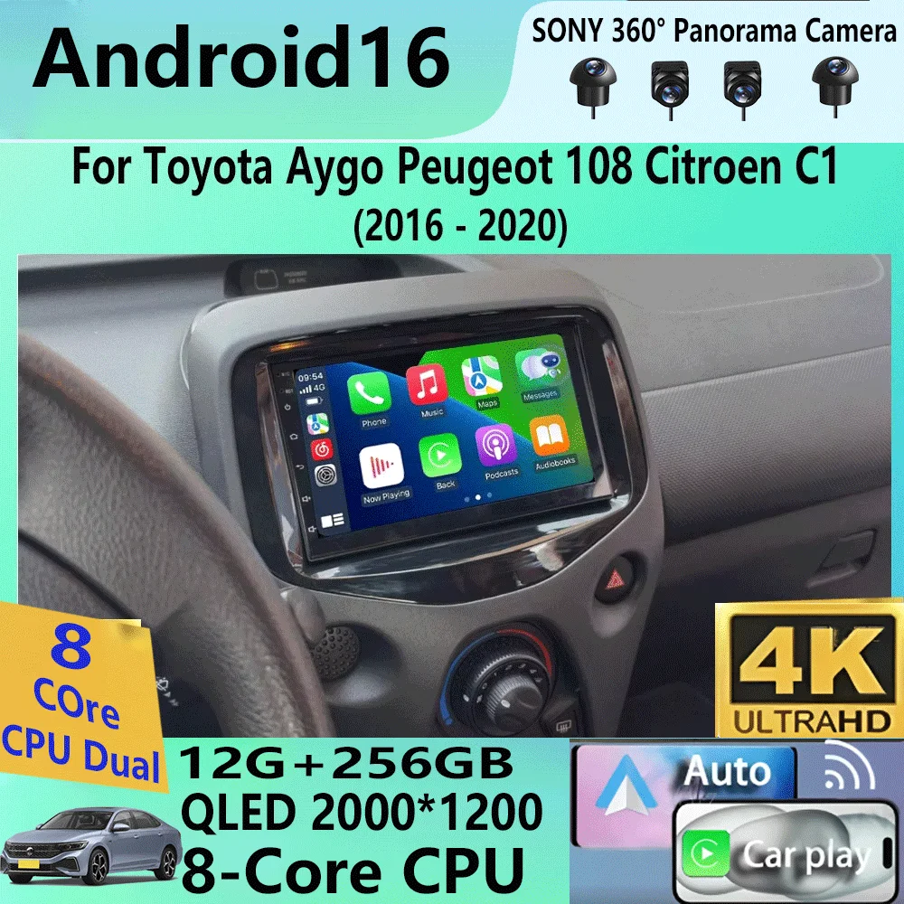 Android 16 Car Radio For Toyota Aygo Peugeot 108 Citroen C1 2016 2017 2018 - 2020 Carplay Auto Multimedia Player GPS Navigation
