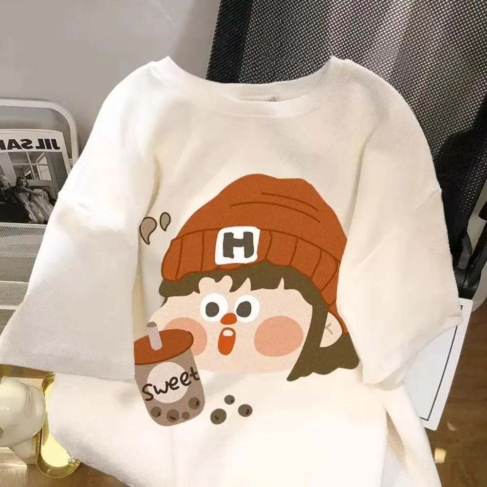 

Plus Size Korean Style plus Size Pure Cotton Short Sleeve Women's T-shirt Summer New Loose Fat MM Cartoon Print Length Top