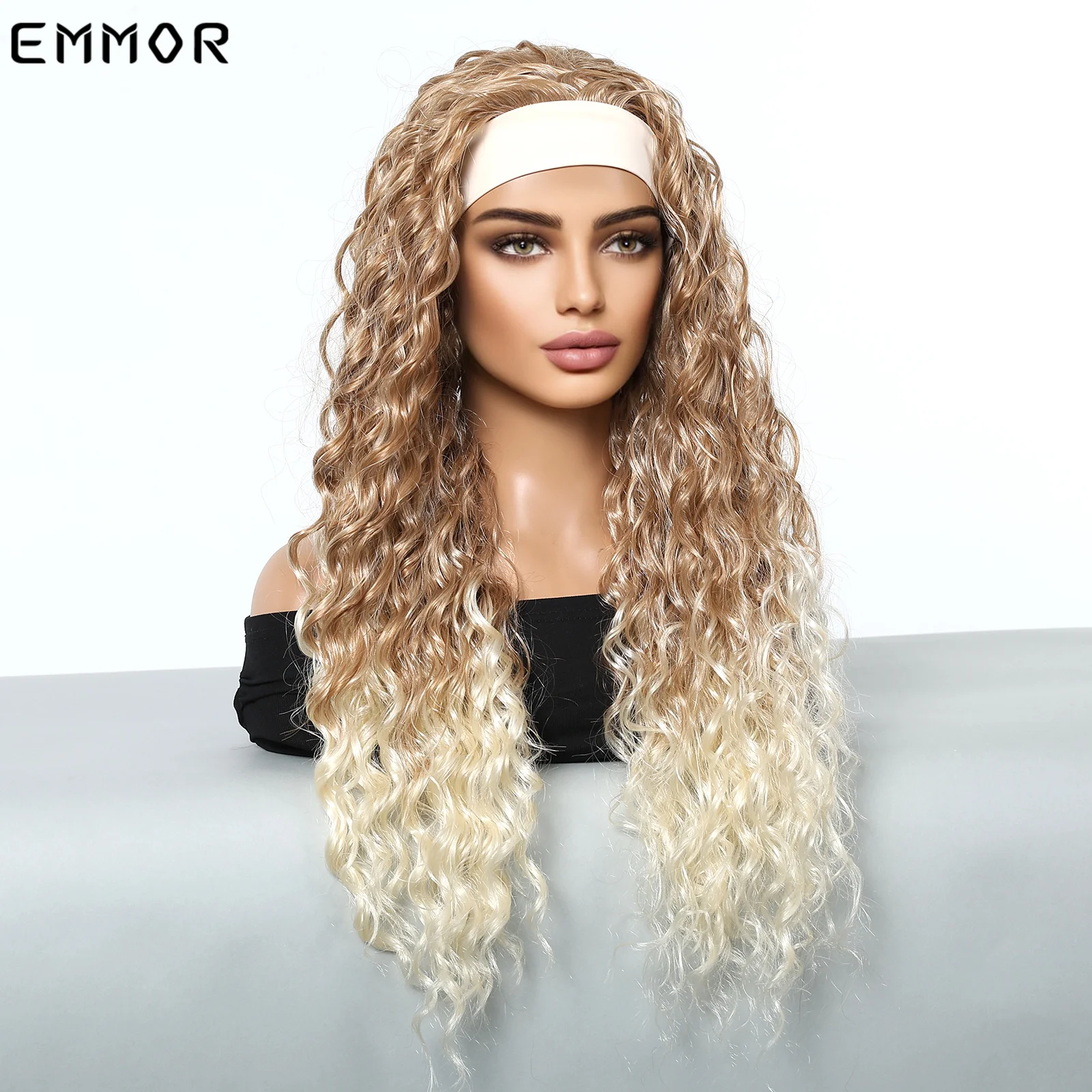 Synthetic Emmor Blonde Headband Wig Medium Long Curly Black Red Hair Wigs for Women Heat Resistant Daliy Party Use