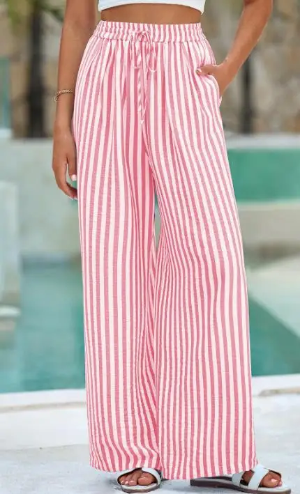 Women's Pants 2026 Spring Autumn New Fashion Striped Printed Elastic High Waist Versatile Pocket Design Casual Wide Leg Pants
