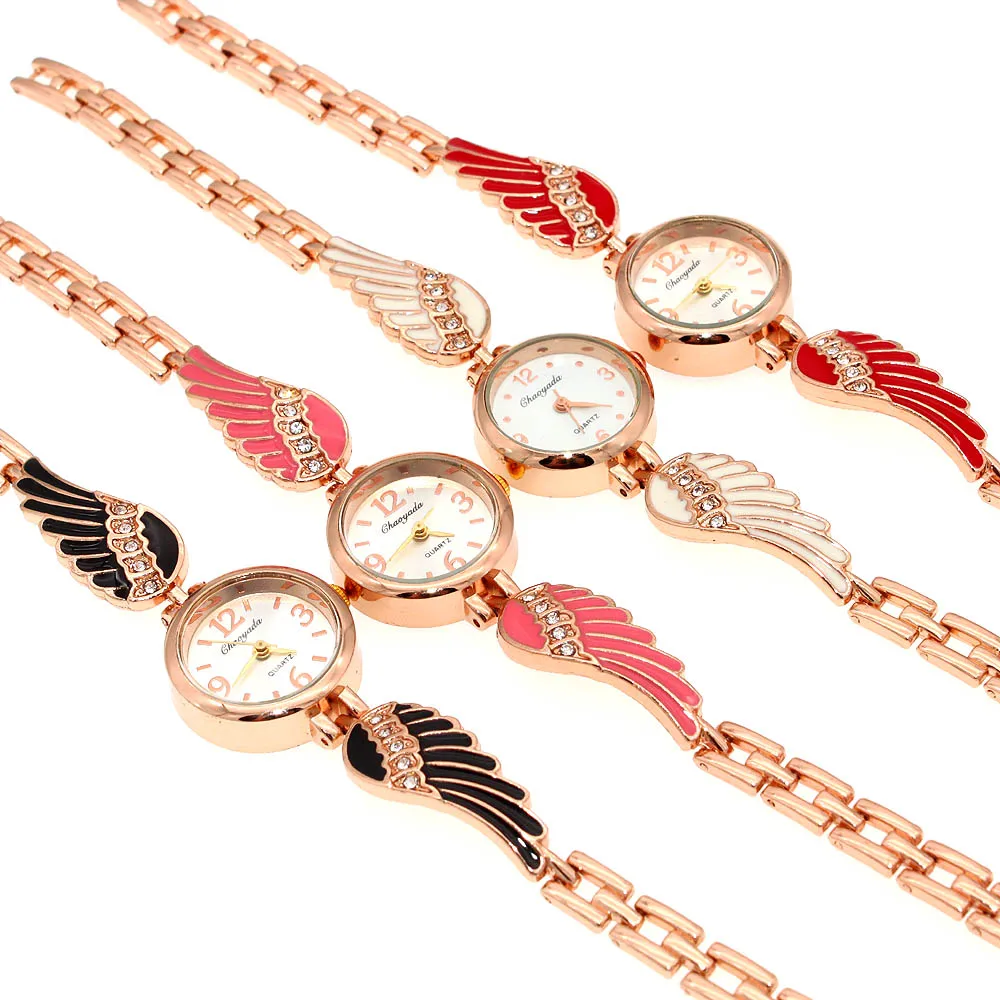 4Pcs Colorful Angel Wing Band Rhinestone Dress Watch for Women Girls Quartz Hour Wristwatch with Crystal Details