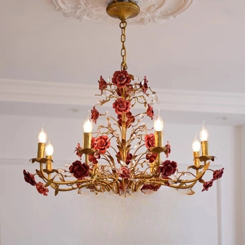 French Retro Pastoral Chandelier Rose Clothing Store Guest Dining Room Candle Light American Country