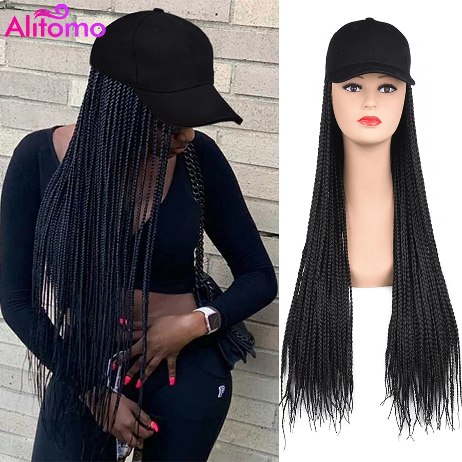 Alitomo 24 Polegada boné de beisebol chapéu peruca cabelo com extensões de cabelo ombre arco-íris sintético trançado caixa tranças perucas para preto