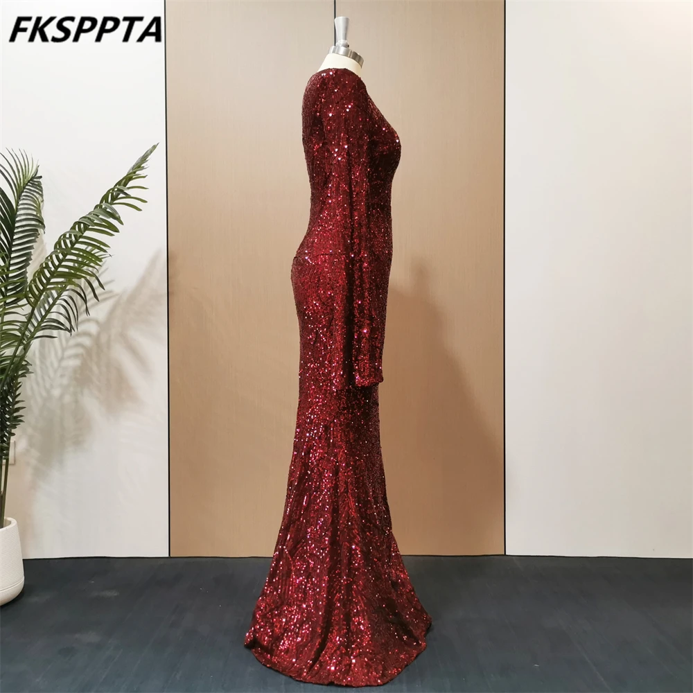 Stunning Burgundy Mermaid Full Sleeves Evening Dress Chic Sequined Floor Length Plus Size Prom Gowns In Stock Women Dresses