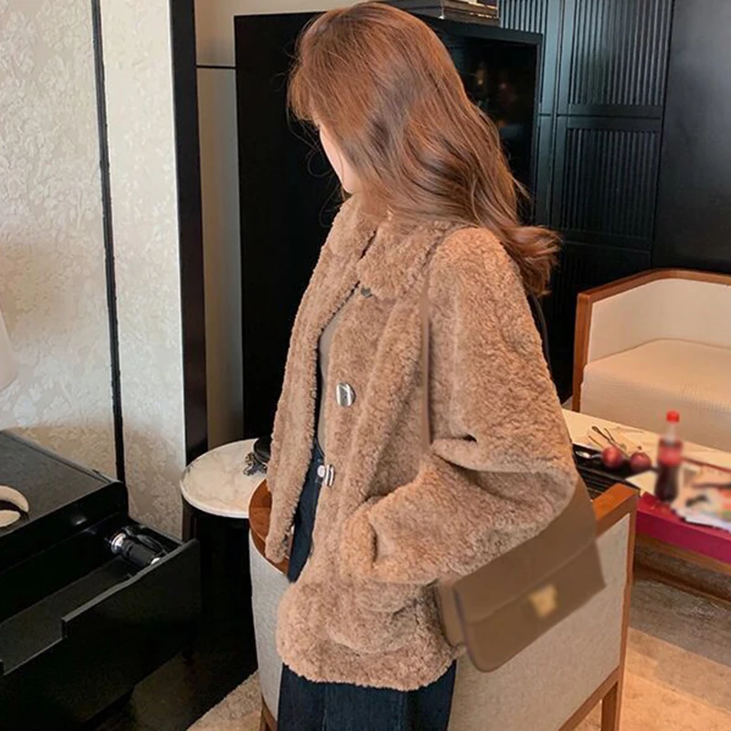 Autumn And Winter Loose Sweet Fashion Tops Versatile Short Style Imitation Lamb Fleece Long Sleeve Short Style Coats