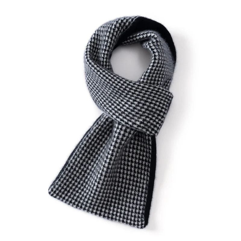 KOIJINSKY 100% Pure Cashmere Houndstooth Scarf 80×18cm Contrast Trim Soft Warm Neck Warmer for Women Winter Daily Wear Gift