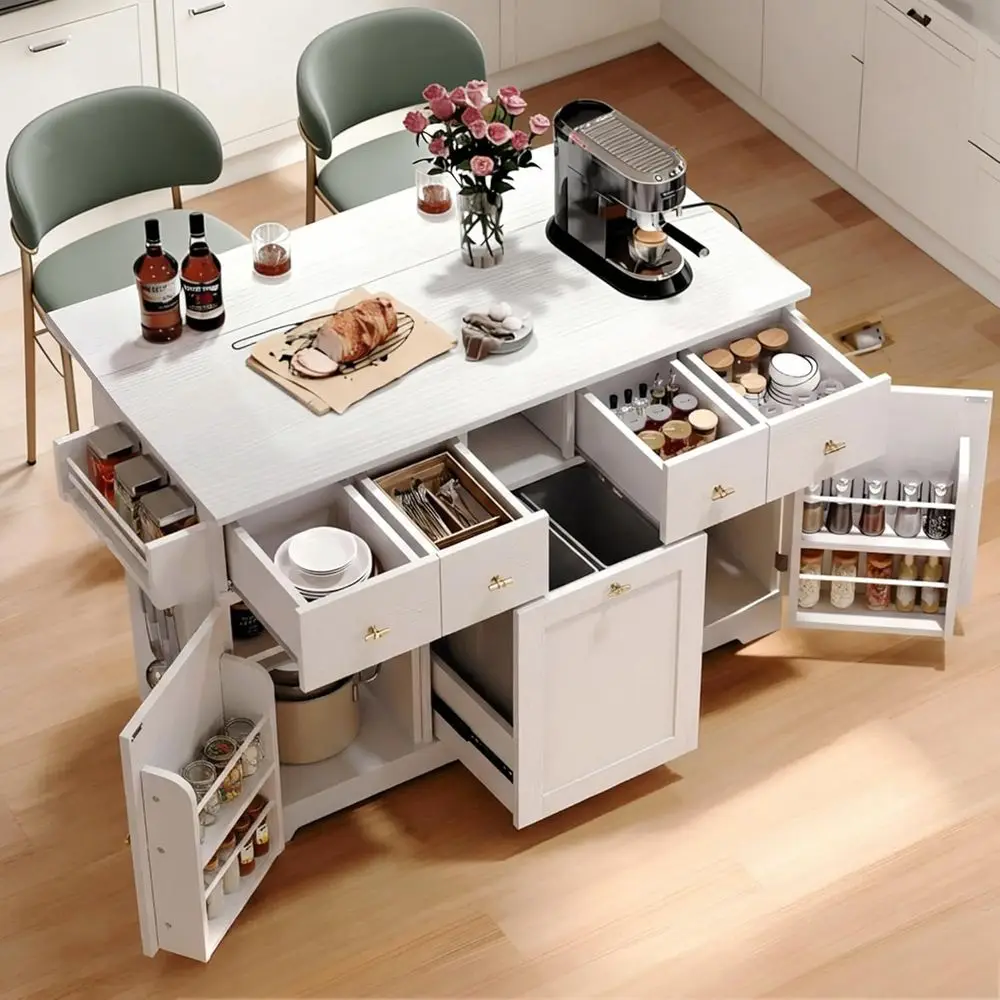

59 White Rolling Kitchen Island with Drop Leaf, Power Outlet, Double Trash Bin, 10-Gallon Waste Bin, Storage Doors & Spice Rack