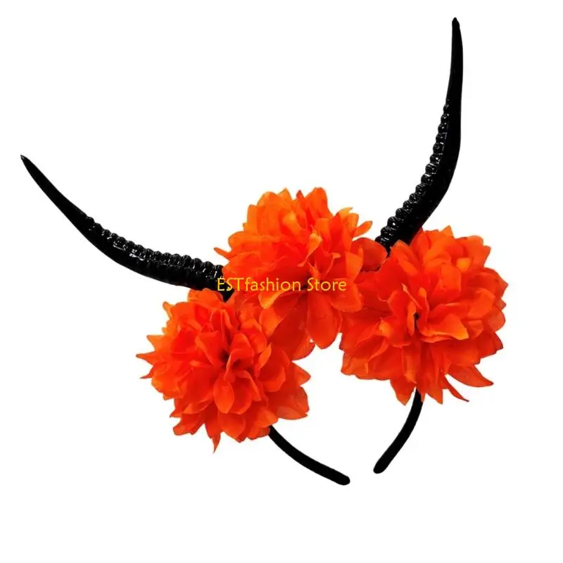 y5gc راتنج الأزهار الأزهار القرن قرن hairband خفيفة الوزن الهالوين زي الزخرفة شعر زخرفة الشعر للأطفال البالغين