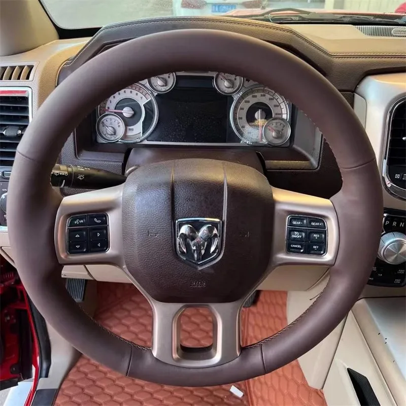 Hand-stitched non-slip black genuine leather car steering wheel cover For Dodge RAM 1500 Classic 2500 3500 5500 2012-2022