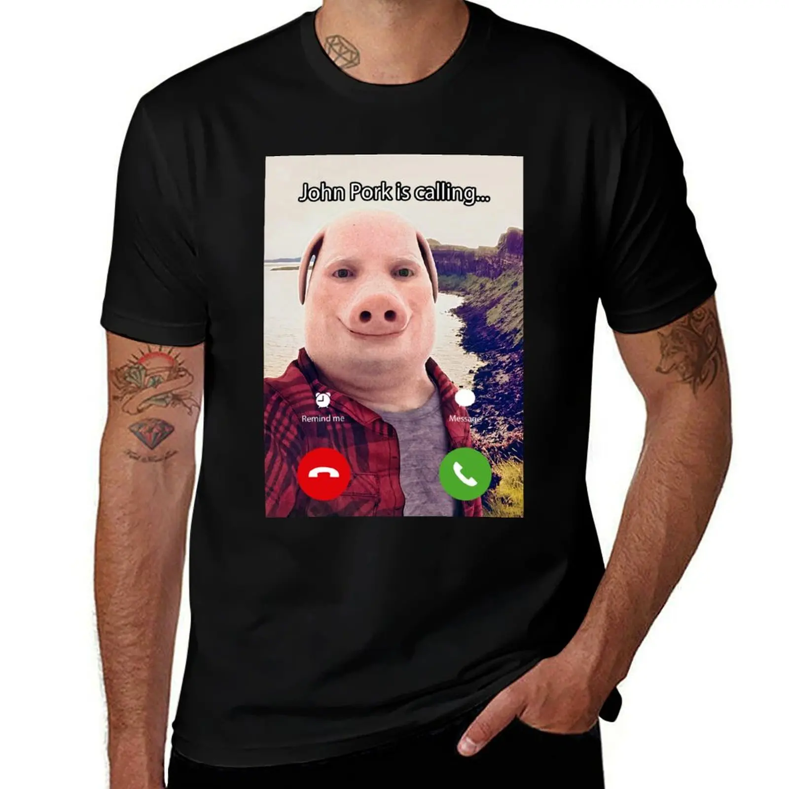 John Pork Is Calling Funny Answer Call Phone T-Shirt Basic Solid Color Short Sleeve T-Shirt