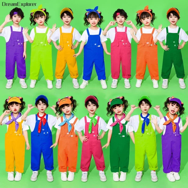 Boys Hip Hop Loose Colorful Overalls Girls Patchwork Dungaree Children Candy Color Jumpsuit Street Dance Romper Kids Streetwear