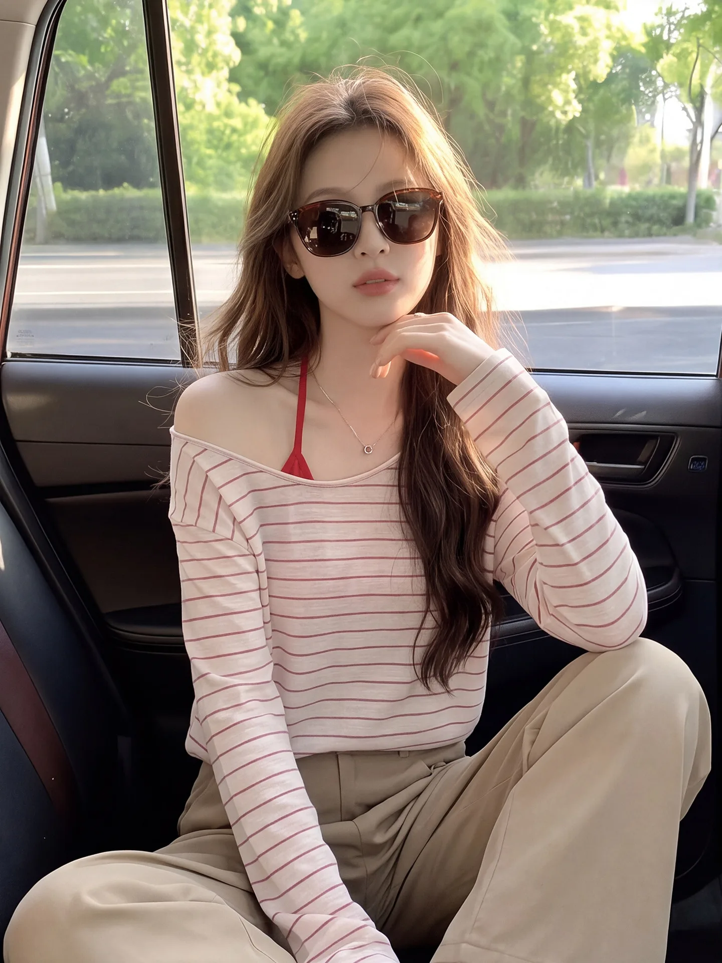 Striped Off-Shoulder Long Sleeve T-Shirt Women's Loose Casual Design Sensation Two-Piece Set Daily Leisure Top