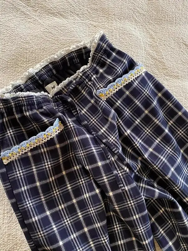 

Ретро-брюки в американском стиле, темно-синие, в клетку, с кружевным декором, повседневные, широкие, свободные, прямые, длинные, для осени и зимы