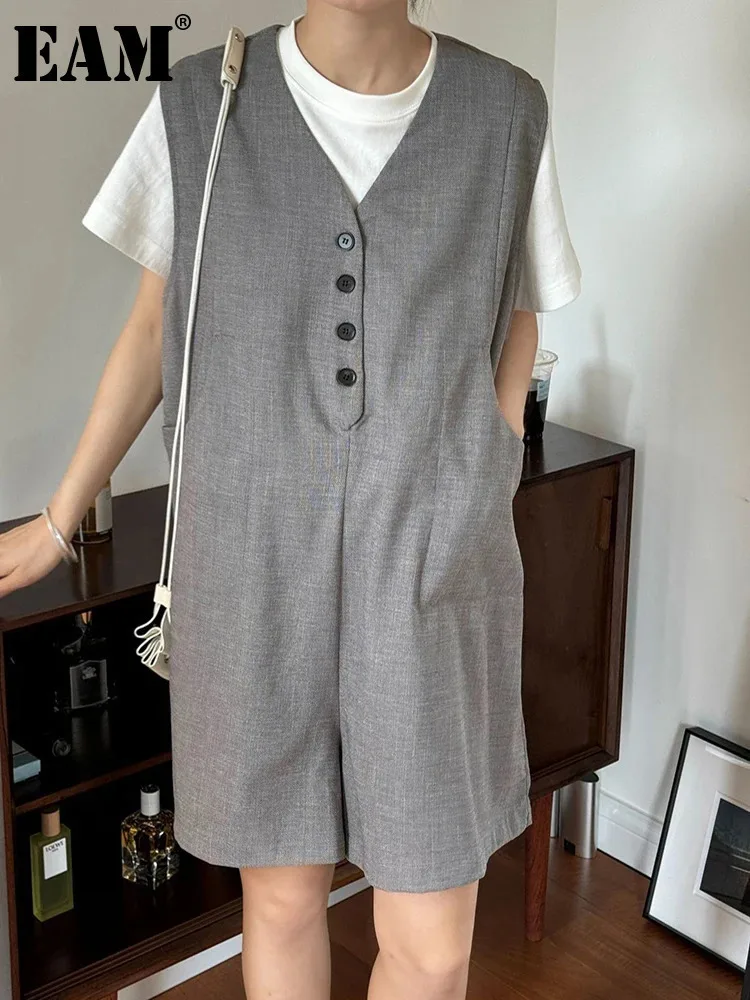 

[EAM] Women Gray Single Breasted Big Size Rompers New High Waist Pocket Stitch Pants Fashion Tide Spring Summer 2024 1DH5929