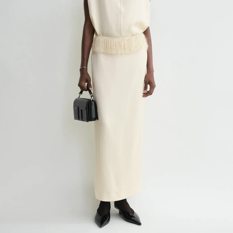 

Ele Nordic mat Tassel Trim High Waist Silk Satin Straight Cut Midi Skirt Women's Faion Ci Commute Slim Fit