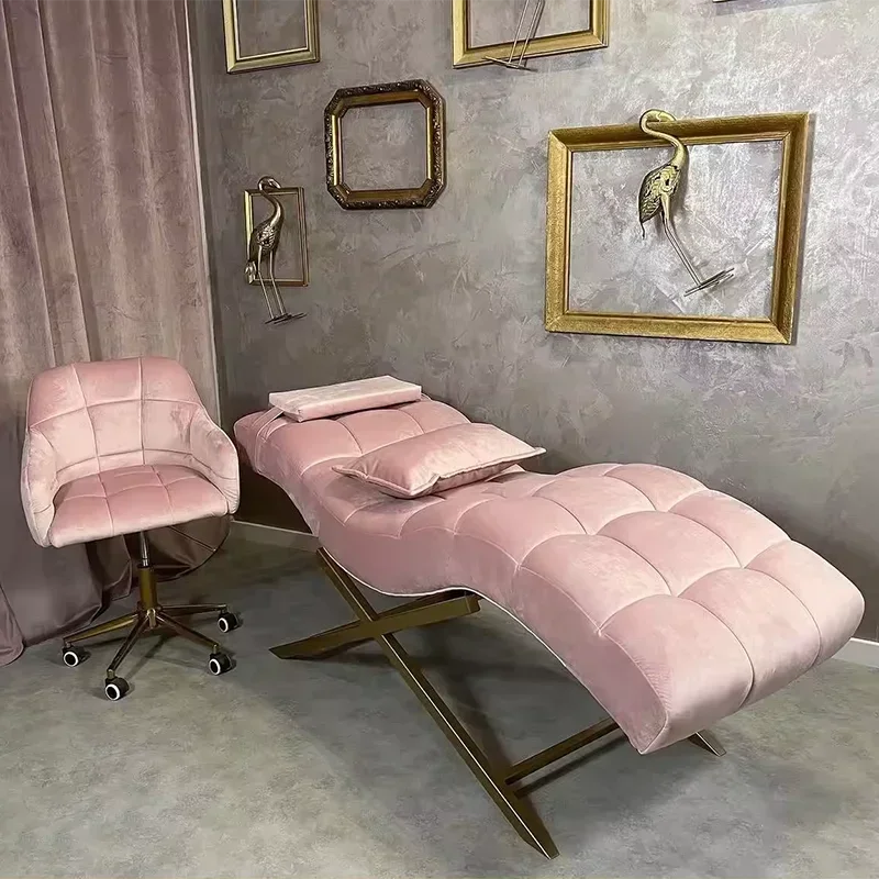 Brand new design beauty salon massage bed pink leather stainless steel base curved eyelash bed