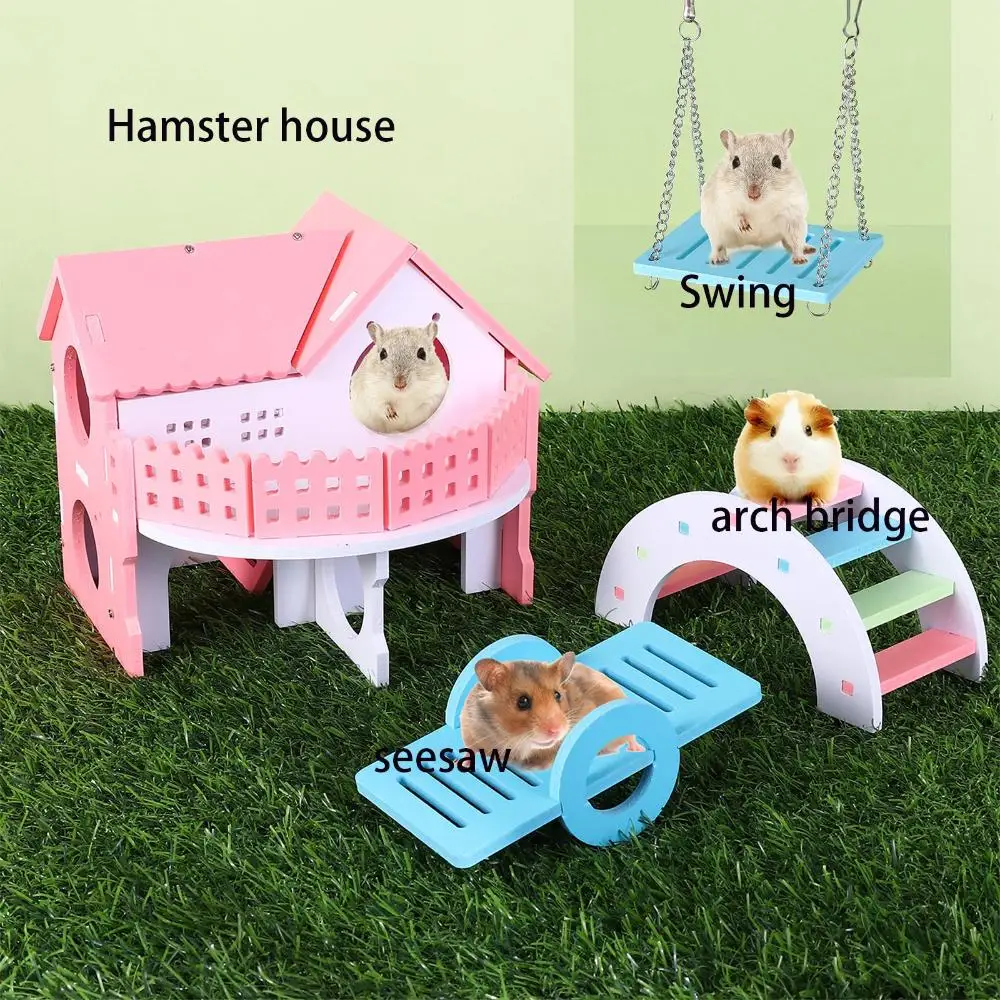 1 Pieces Hamster Toys Set Include Wooden Hamster House, Rainbow Bridge, Hamster Seesaw Toy  Chew Corn