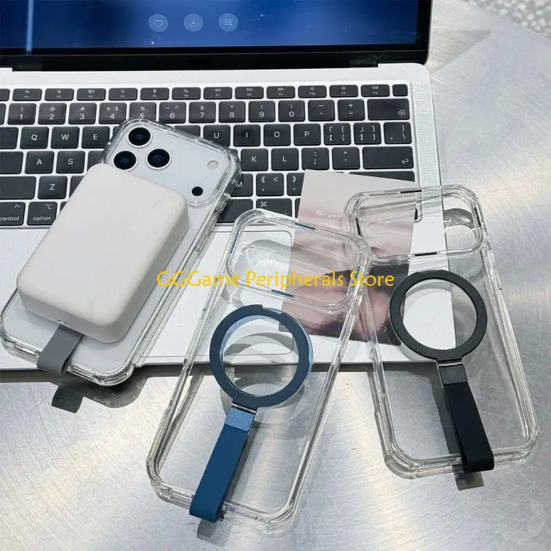 U55B حافظة هاتف بمسند مغناطيسي شفاف للهاتف سلسلة 15/16/17 مع سلك معصم مضاد للسقوط وحبل قابل للفصل