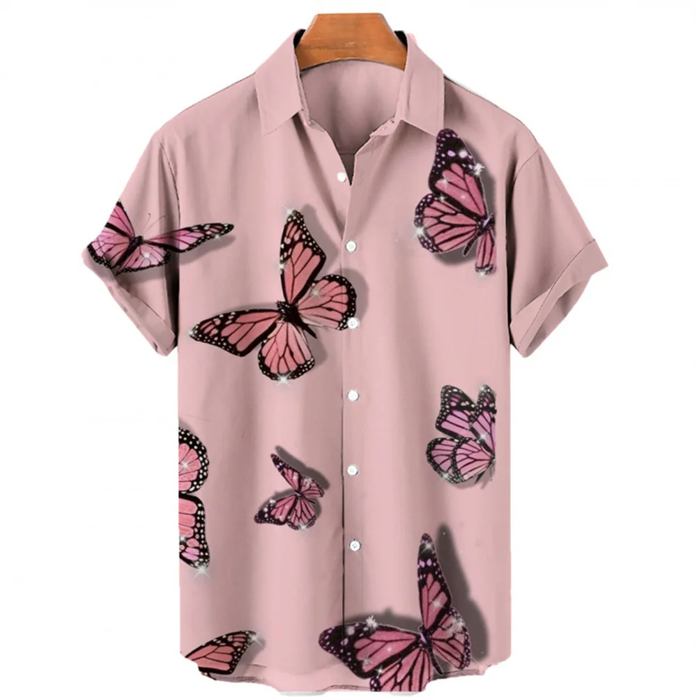 

2025 New 3D printed butterfly pattern Hawaii series short sleeve lapel men's shirt leisure vacation