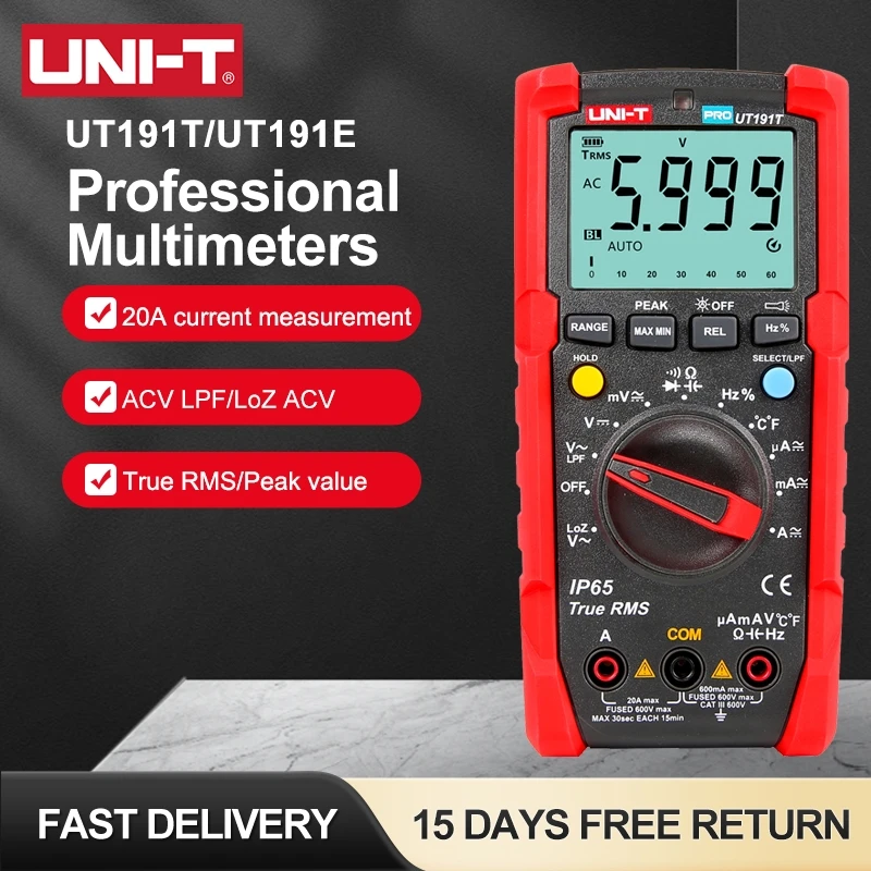 UNI T Multimeter Digital Professional UT191T UT191E 600V 20A 60MΩ 60mF AC DC Frequency Resistance Capacitance Diode Peak Tester