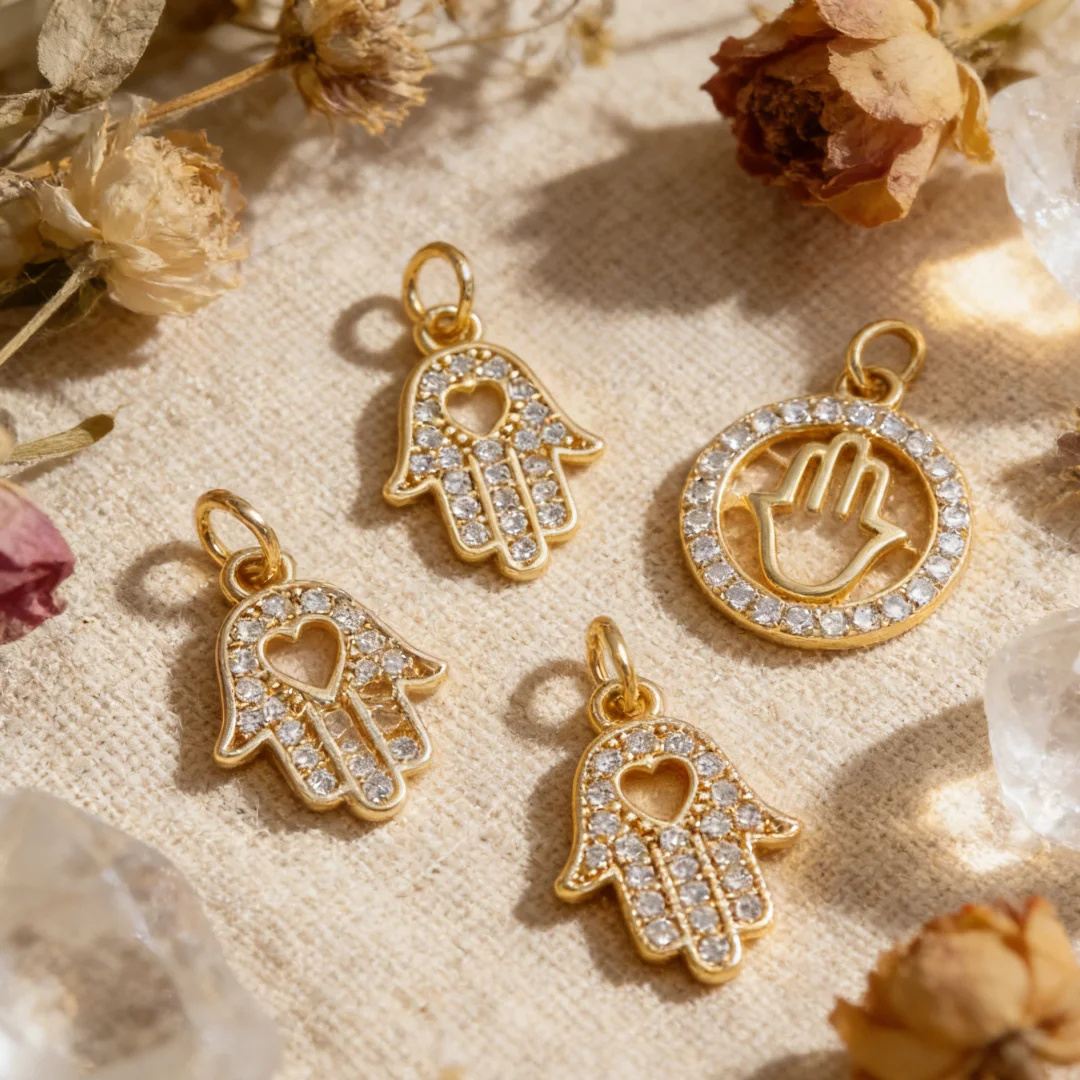 5Pcs Pendants Gold Plated Palm Charms Zircon Heart Round Hollow Design for DIY Jewelry Necklace Bracelet Hamsa Hand Accessories