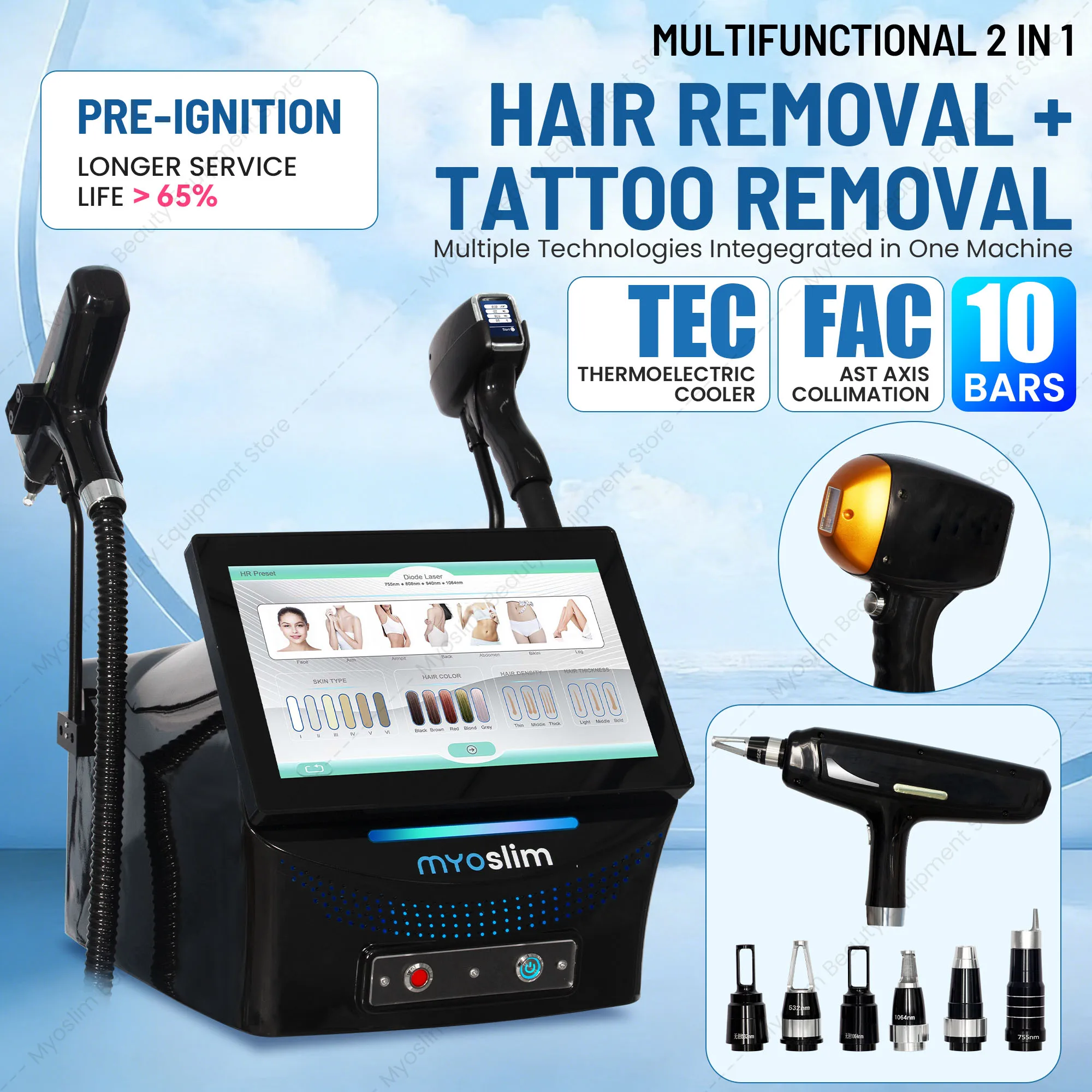 2 In 1 Beauty Machine 808nm 6-Wavelength Diode Laser Hair Removal Picosecond Tattoo Removal System Smart Touch Control Beauty