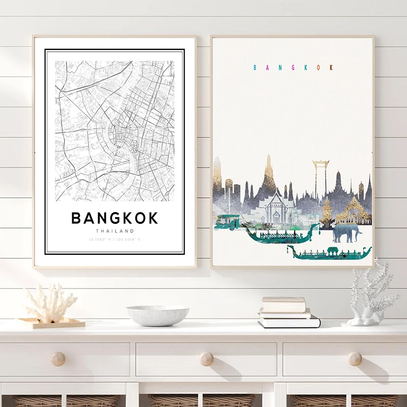 Thailandia City Map Poster Bangkok Skyline stampe da viaggio Home Room Decor Modern Wall Art Canvas Painting regalo di inaugurazione della casa