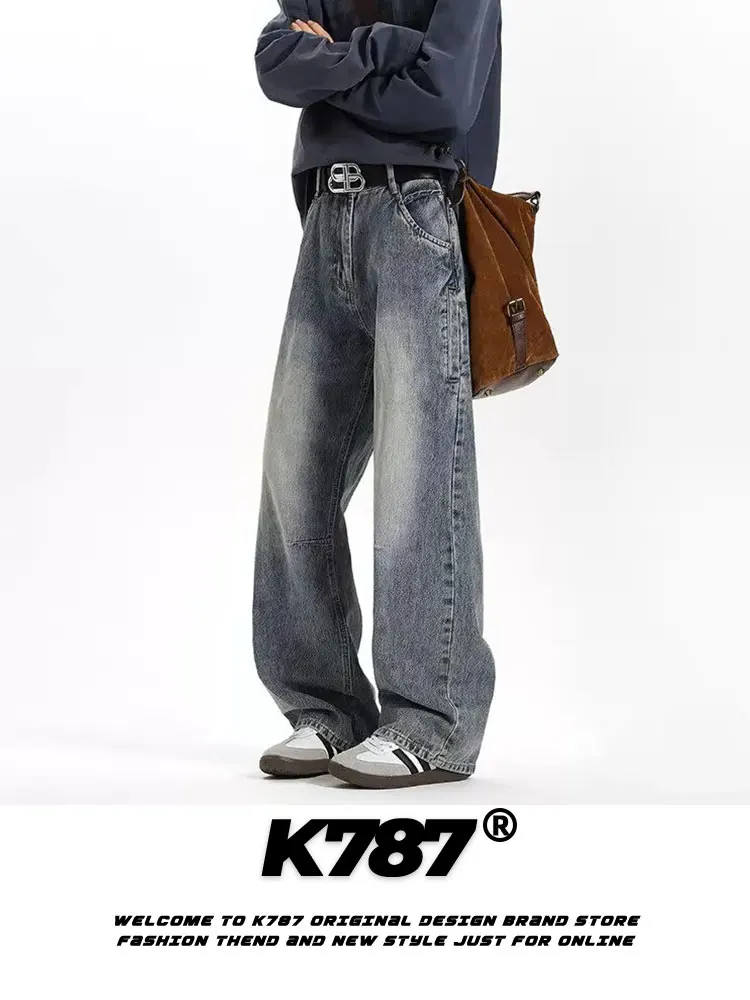 

Мужские джинсы K787 в американском ретро-стиле, с высокой талией, повседневные, прямые, из денима, классический вытравленный дизайн, летняя одежда
