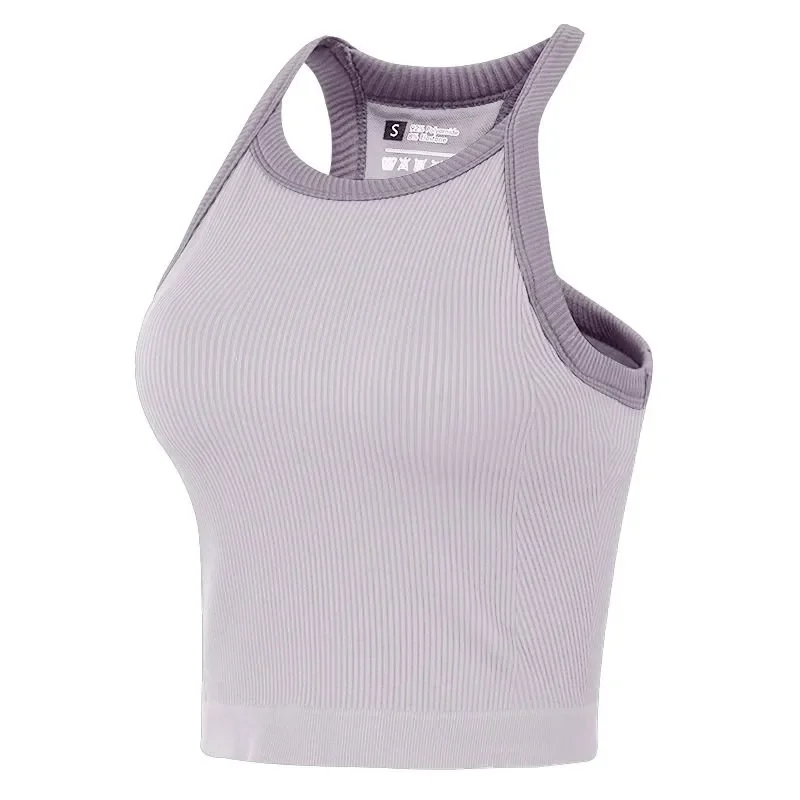Women Color Block Ribbed Sports Tank Top Integrated Padded Shockproof Gym Workout Vest