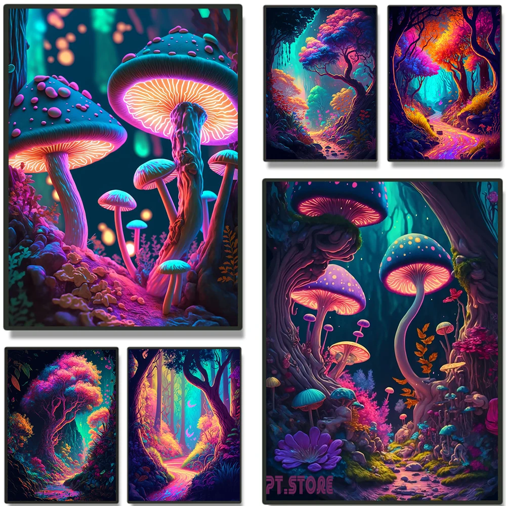 

Dream Forest Fantasy Mushroom Plant Posters Living Room Printmaking Home Decor Cartoon Abstract Magic Landscape Canvas Painting