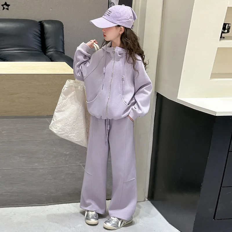 

Детские комплекты из двух предметов для девочек, осеннее пальто с капюшоном на молнии + спортивные штаны на шнурке, детский спортивный костюм для девочек, простой однотонный наряд для девочек от 4 до 14 лет