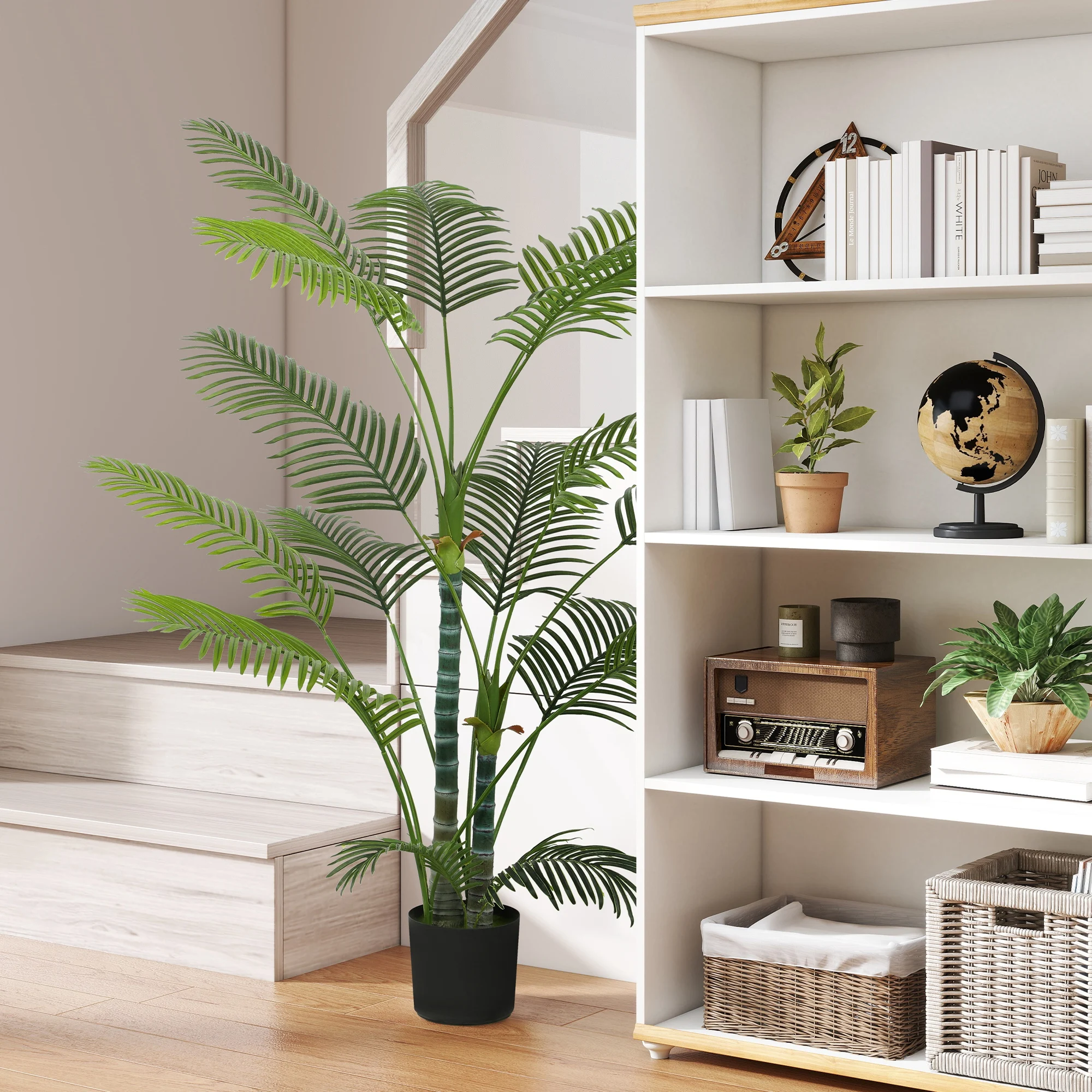 HOMCOM Kunstpalm 175cm Kunstpalm met 16 palmbladeren Grote kunstplant in pot Kunstplanten Kunstplanten zoals echte kamerplant Kunstboom voor woonkamer, kantoor, balkon decoratie