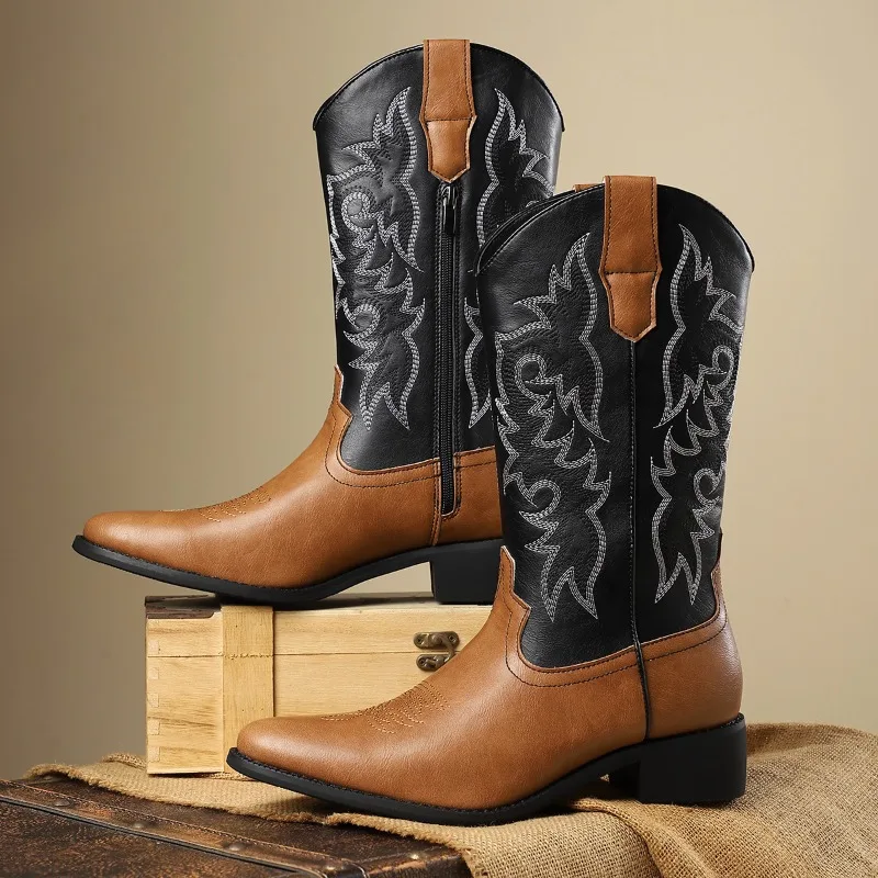 

Mens Western Cowboy Boots Fashion Pointed Mid-calf Boots Retro Embroidered Knight Boots for Men Luxury Leather Boot Botas Hombre